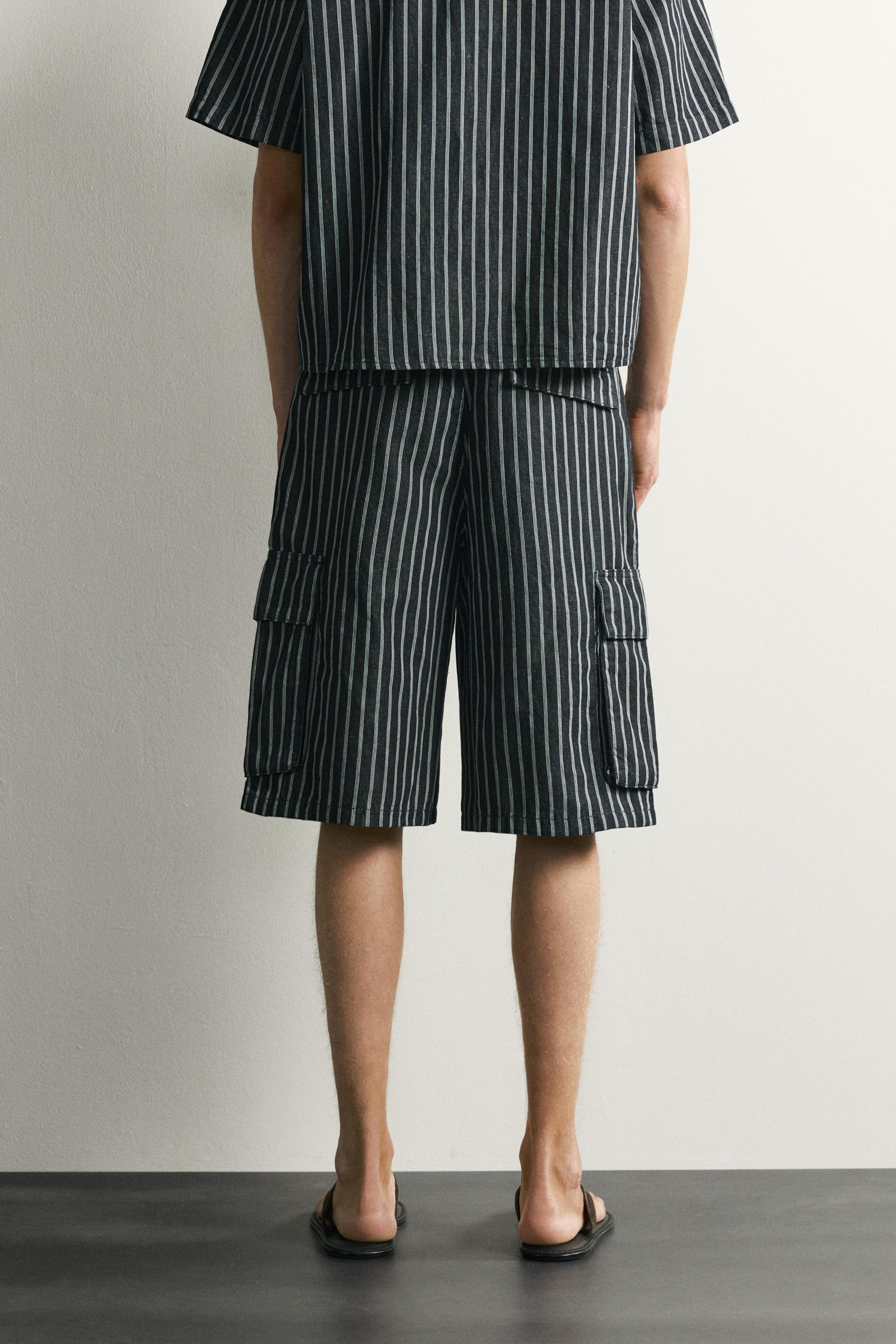 STRIPED COTTON-LINEN DENIM CARGO SHORTS
